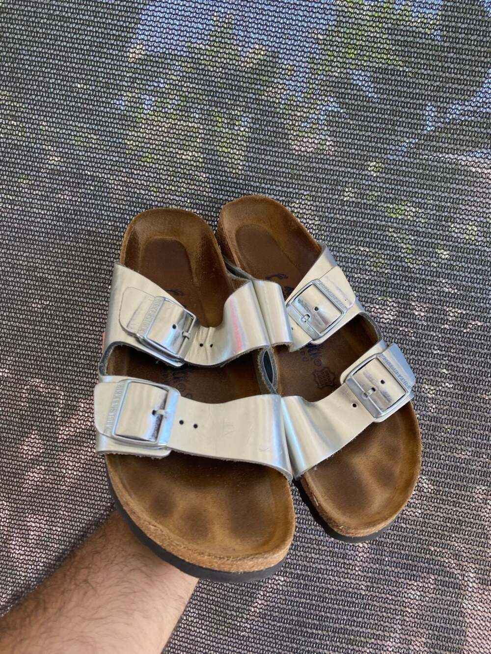 Birkenstock Arizona Two-Strap Sandals in Silver Metallic Leather Women’s